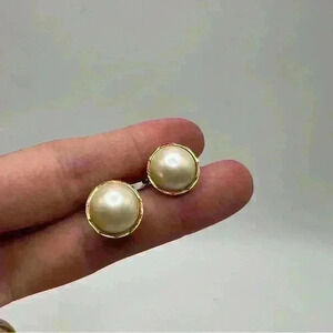 1960s Napier Half Pearl White Faux Pearl Gold Tone Clip On Screw Back Earrings